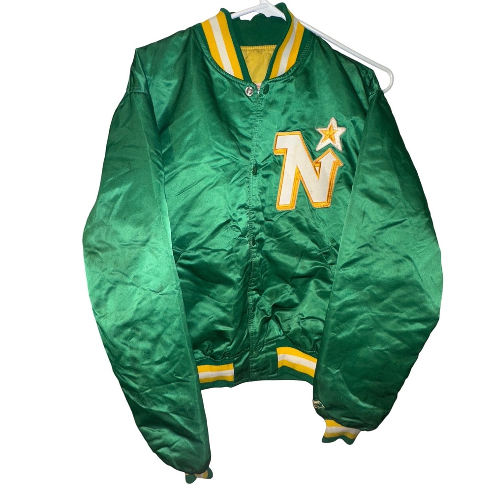 Vintage Minnesota North Stars Starter Satin Jacket NHL Green Yellow Mens Large